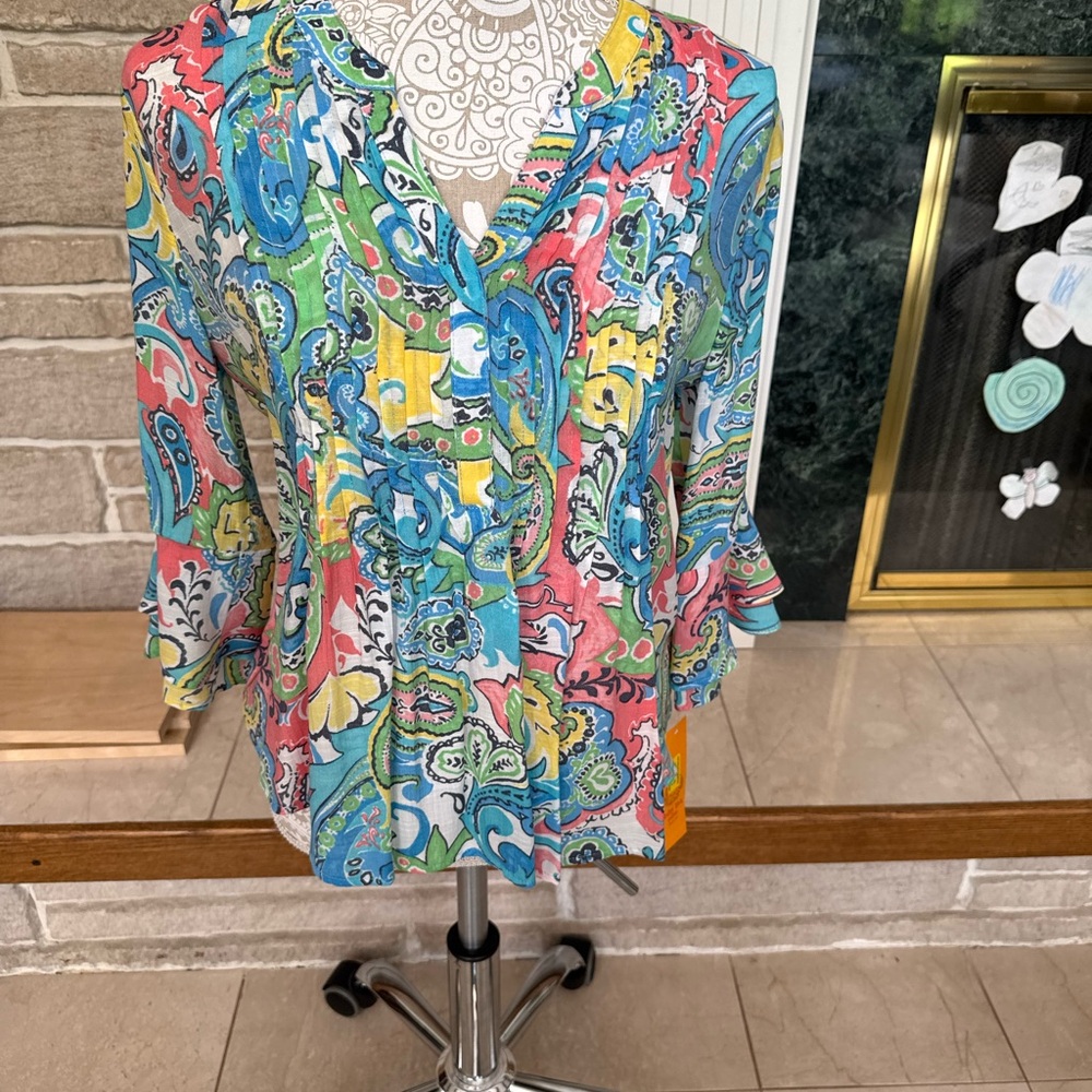 NWT Ruby Road Blouse Small Petite Tile Patchwork Silky Pleated Top